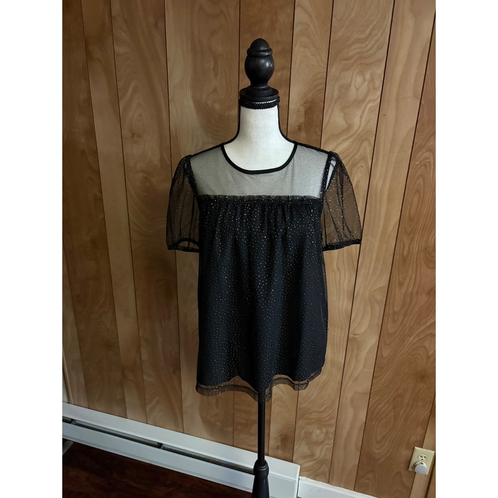 J.Crew Black Gold Metallic Dot Mesh Puff Sleeve Blouse Top S Holiday Keyhole